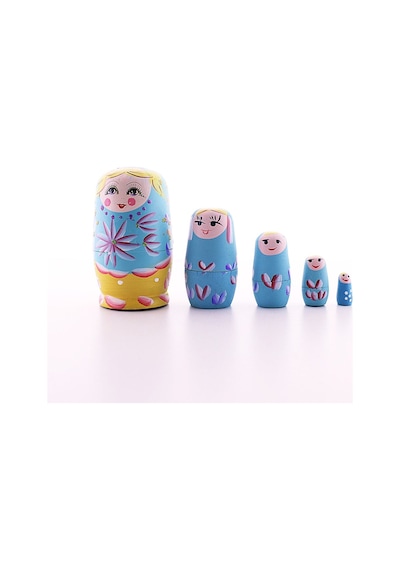 Ahşap Tombul İç İçe Matruşka Bebek Mavi 1 Set 5li Büyük Boy