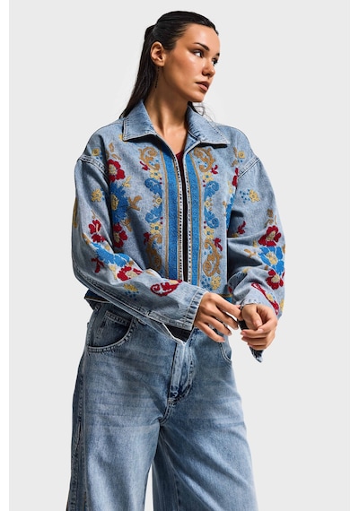 it's basic Kadın Kot Rengi 3s6-32 Bol Kesim Özel Nakış Desenli Tasarım Denim Ceket