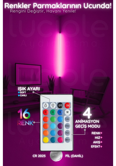 Led Abajur Aplik Gece Lambası Rgb Lambader 16 Renkli Uzaktan Kumandalı Işık 4 Animasyonlu Luciled1