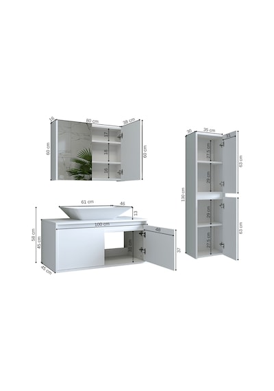 Banos Banyo Roomart Lavabolu Mat Beyaz Mdf 100Cm Banyo Dolabı+Ayn Mat Beyaz