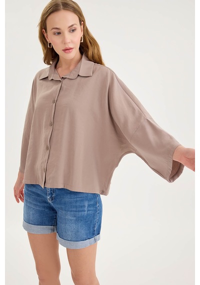 Vitrin Düşük Omuz Oversize Crop Gömlek VİZON