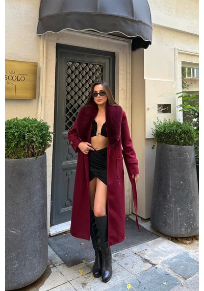 Dip Moda Kadın Kaşe Kumaş Cepli Yaka Kürklü Tam Boy Kuşaklı Kaban Dpstr1003 Bordo