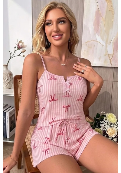 Bella Notte Yazlık Pembe Ekose Desenli Fiyonk Detaylı Askılı Şortlu Kadın Pijama Takımı