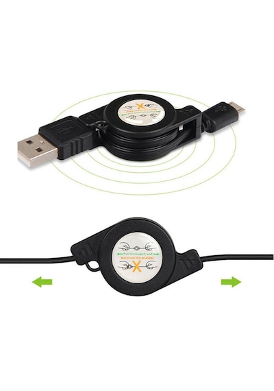 Usb - Micro Usb Şarj Ve Veri Kablosu, Makaralı 80 Cm, Siyah -