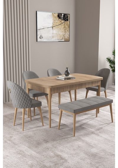 Milas Meşe Desen 80x132 Mdf Açılabilir Mutfak Masası Takımı 4 Sandalye, 1 Bench Gri