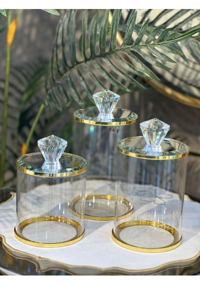 Gümüş Detaylı Kristal Kapaklı Cam Kavanoz Seti 3 Lü Lüks Çok Amaçlı Kavanoz Altın