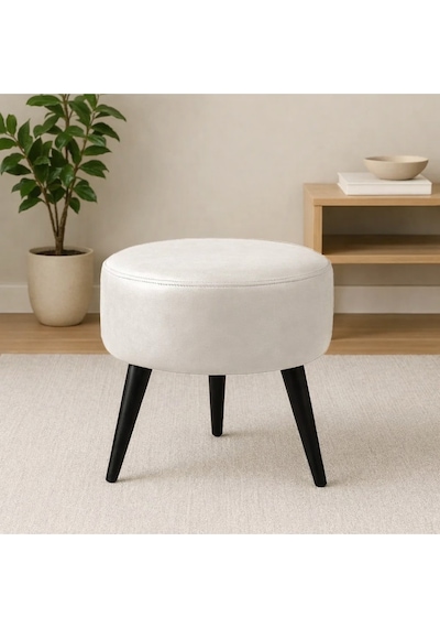 Waterybrook Suni Deri Puf - Ahşap Siyah Ayaklı - Retro Modern Tasarım - Oturma Ve Dekoratif Sehpa Krem
