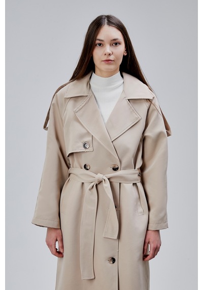 Kadın Oversize Astarlı Uzun Trençkot Vizon