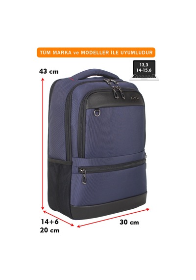 14"-15,6" İnç Körüklü Lacivert Laptop Sırt Çantası Unisex Su Geçirmez Kumaş Lacivert