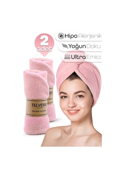2 Adet Mikrofiber Saç Havlusu Lastikli Plaj Deniz Havuz Bonesi Banyo Saç Kurutma Baş Havlusu Pembe Pembe