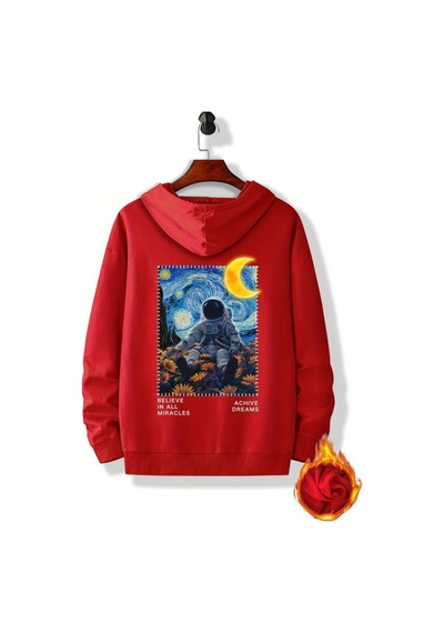 Medinenur Astronot Arka Baskılı Kapüşonlu Sweatshirt Kırmızı