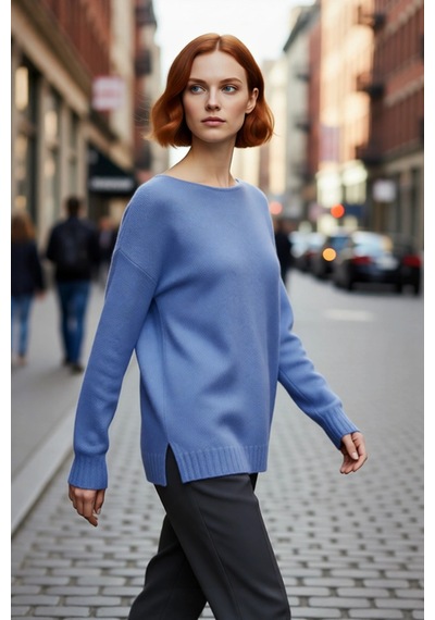 Ersefa Kadın Basic Kayık Yaka Oversize Triko Kazak Rahat Ve Şık İlkbahar Indigo
