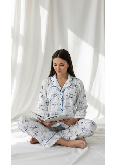 Divinus Tavşan Desenli Gömlek Yakalı Beyaz/mavi Kadın Pijama Takımı Beyaz - Mavi