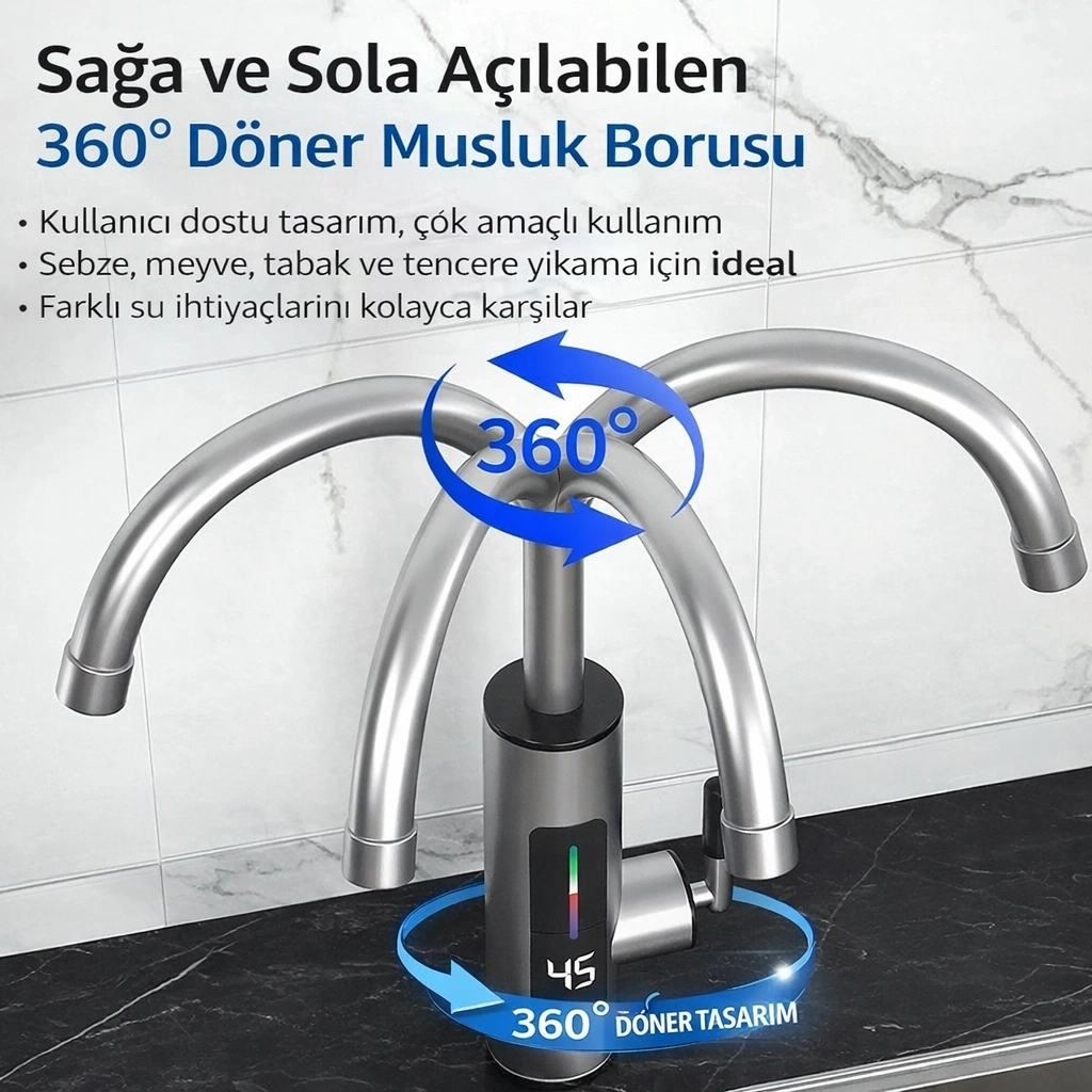 Omniax 3000w Elektrikli Anında Su Isıtmalı Musluk Dijital Sıcaklık Göstergeli 360 Derece Döner Krom