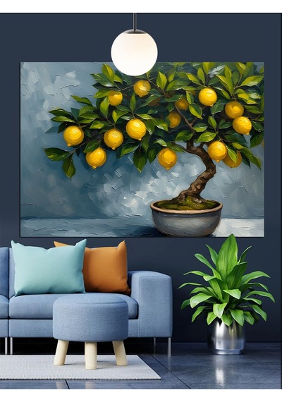 Limon Ağacı Küçük Bonsai Dekoratif Kanvas - Mdf Ahşap Tablo
