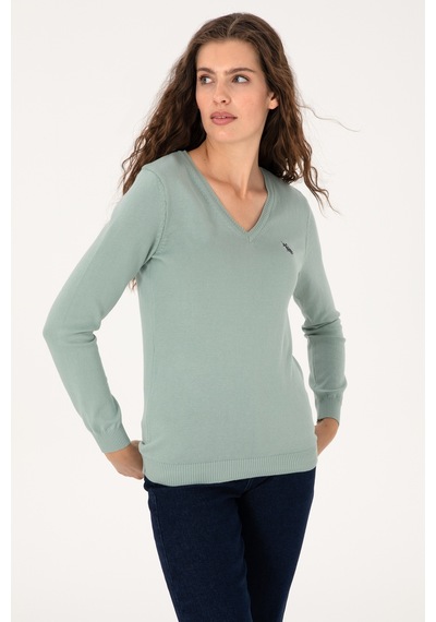 U.S. Polo Assn. Kadın Yeşil Melanj V Yaka Basic Kazak 50313590-VR115