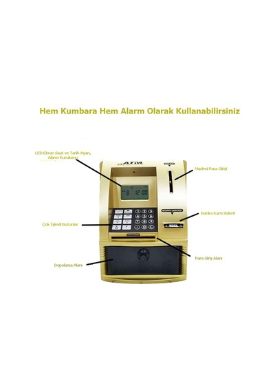 Lcd Ekran Atm Şifreli Kumbara Kağıt Demir Para Girişli Kartlı Sesli Yönlendirme Takvim Saat