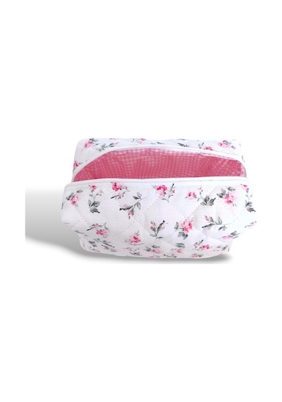 Makyaj Çantası Makeup Bag Kapitone Bakım Seyahat Kozmetik Çantası Beyaz-pembe