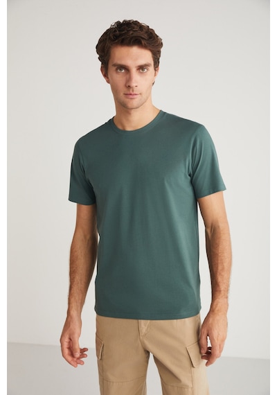 Grimelange Mıchel Erkek Slim Fit Dar Kesim %100 Organik Pamuklu Yana Kayan Dikişli Basic Örme Yeşil T-shirt