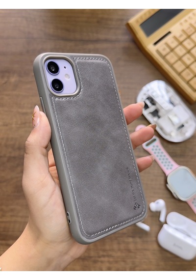Apple iPhone 11 Uyumlu Premium Deri Dokulu Darbelere Karşı Dayanıklı Nazal Silikon Kılıf Gri