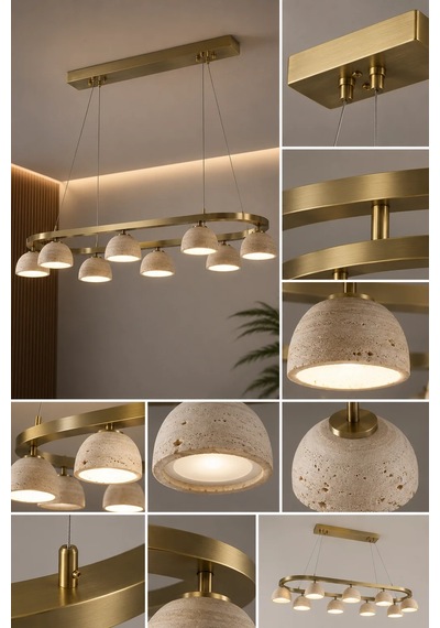Modern Premium Kumandalı 3 Renk 8 Başlıklı Traverten Mermer Sarkıt Salon Avizesi Ledli Modelleri 36w Gold
