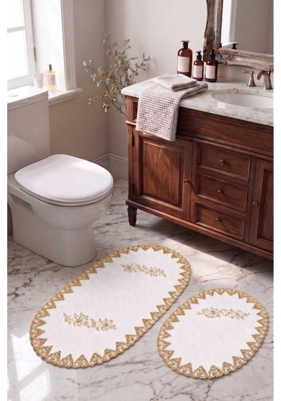 Gold 3lü Fransız Dantelli Lüks Banyo Paspası Kaymaz Çeyizlik Oval Banyo Paspas Seti Lauris
