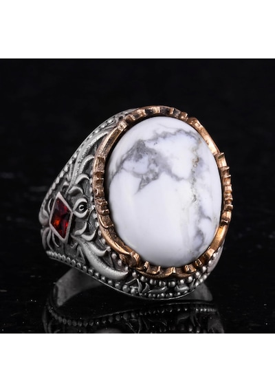 Gerçek Doğal Taş Yüzük - El Yapımı 925 Ayar Gümüş Yüzük - El Yapımı Yüzük Howlite Gümüş