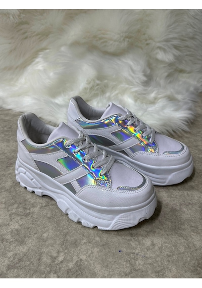 Günlük Kadın Sneaker Kalın Yüksek Taban Bağcıklı Rahat Tiger Şeritli Spor Ayakkabı 032 15 - Beyaz Rugan Holo