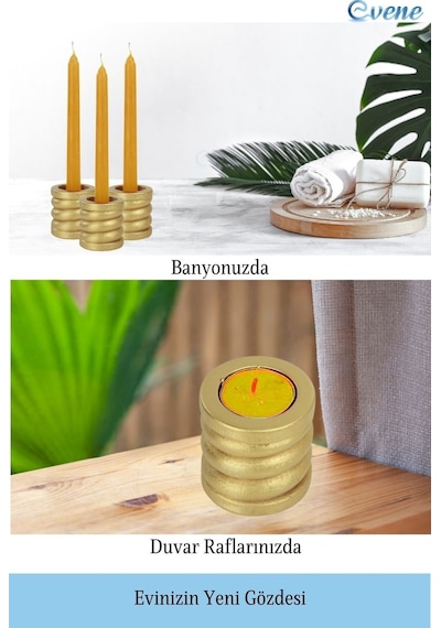 Eskitme Mumluk Şamdan 3 Adet Tealight Ve İnce Mum Uyumlu Spiral Model - Altın