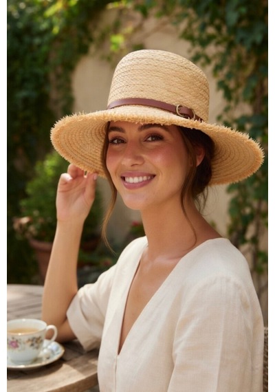 Mollycrush Kadın Camel Suni Deri Kemer Detaylı Plaj Şapkası Geniş Kenarlı Trend Model Kahverengi