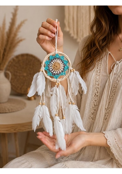 Mini Düş Kapanı Bambu Dream Catcher Bohem Duvar Süsü 9 Cm Çap 40 Cm Uzunluk El Yapımı Dekor