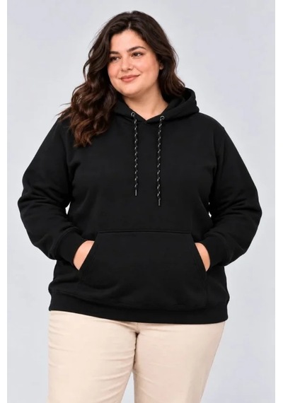 Battal Büyük Beden Üç İplik İçi Şardonlu Kapüşonlu Kanguru Cepli Kışlık Sweatshirt - Siyah