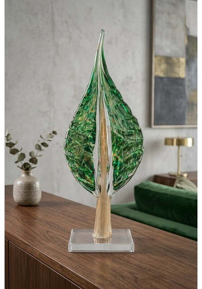 33 Cm Kristal Obje El Yapımı Lüks Yaprak Cam Dekoratif Heykel Zümrüt Yeşili & Gold