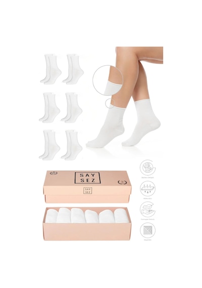 Saysez Bambu Kadın Lastiksiz Beyaz Soket Dikişsiz Premium Çorap Kutulu 6'lı / İz Bırakmaz / Sıkmayan Çorap Renkli