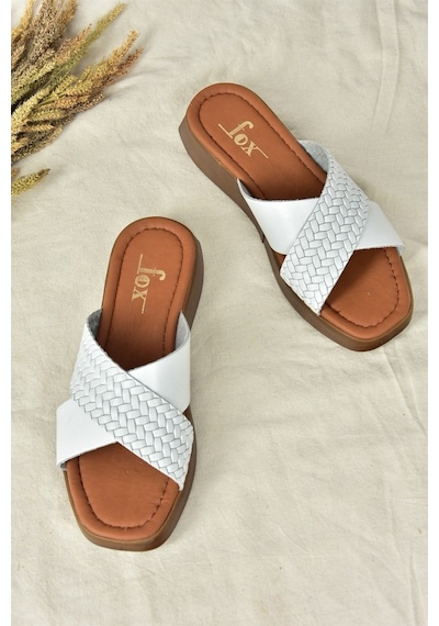 Fox Shoes Beyaz Hakiki Deri Çapraz Bantlı Kadın Terlik M291049903