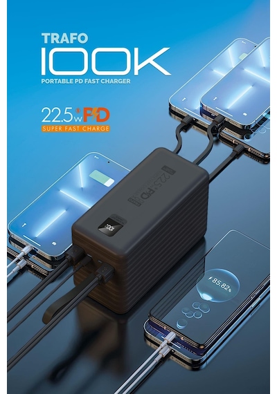 Powerway 120.000 Mah Pd 22.5w Hızlı Şarj Dahili Kablolu Gerçek 120.000 Mah Siyah Trafo Powerbank