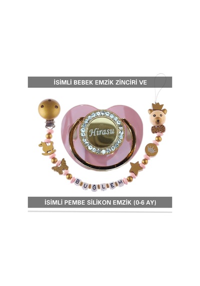 Sahi Aksesuar İsimli Bebek Emzik Zinciri ve Bebek Silikon Emzik Pembe