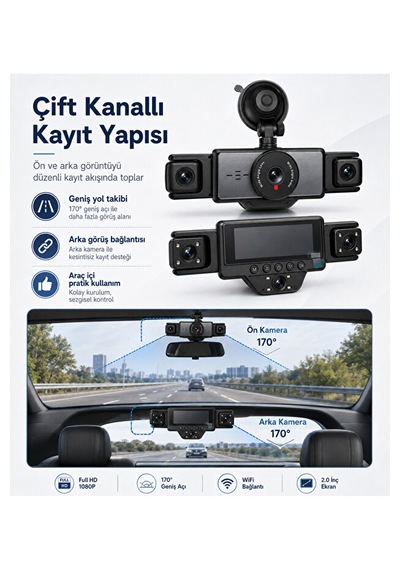 Araç İçi 5 Kameralı Wifi Kayıt Kamerası 2.0 İnç Ekran Full Hd 1080p 170 Geniş Açı
