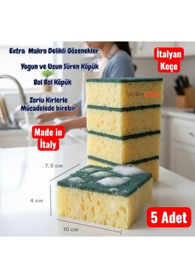 Technow Çift Taraflı Çizmez İtalyan Keçeli Kaliteli Buble Mercan Bulaşık Sünger 5 Adet
