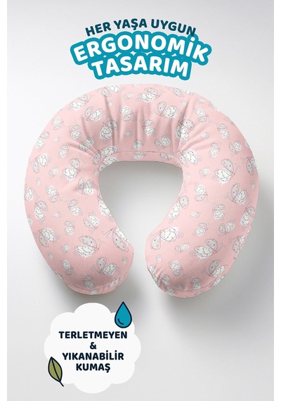 Kelebek Desenli Pamuklu Boyun Yastığı - Pastel Pembe Çocuk & Yetişkin Seyahat Yastığı Soluk Yosunlu Gri