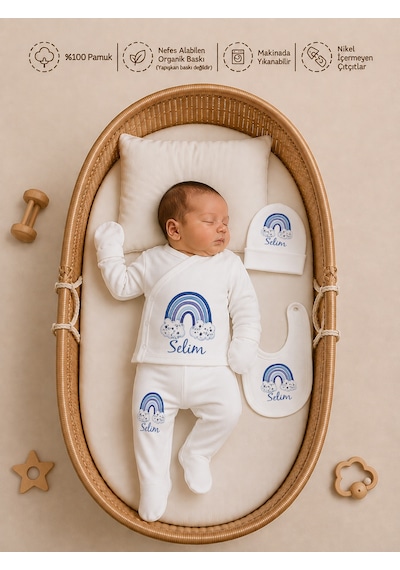 Pia Baby Hastane Çıkışı Erkek Bebek 7 Parça Zıbın Seti %100 Pamuk İsme Özel 1101zyb3x Ekru
