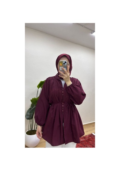 Moonsc Kadın Nervürlü Keten Tesettür Gömlek - Bordo
