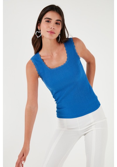 Lela Slim Fit Kalın Askılı Dantelli Kare Yaka Bürümcük Bayan Atlet 5864979 Saks