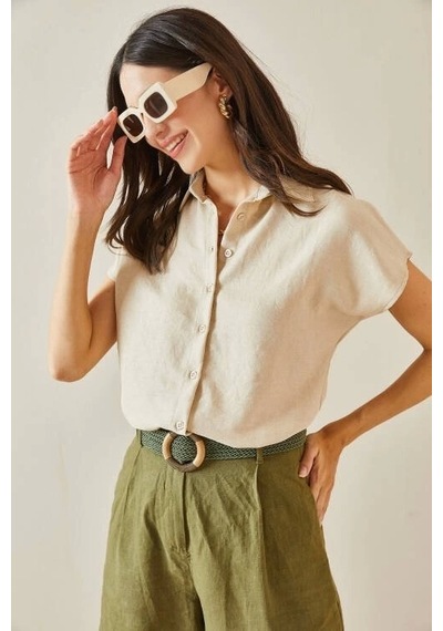 Defymoda Kadın Keten Kumaş Kısa Kollu Gömlek Bej