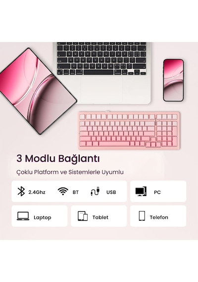 Aula F99 3 Modlu Mekanik Kablosuz Oyuncu Klavyesi Rgb Hot Swap Dream Sakura Switch Makrolu Gradyan Pembe