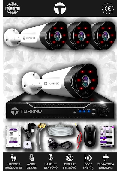 Turkno 4 Kameralı Galia 4 Dış Kamera Set 320 GB HDD Full HD Gece Görüşlü Güvenlik Kamerası Sistemi