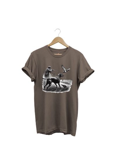 Avcılık Temalı Kuş Avı Ve Av Köpeği Baskılı %100 Pamuk Regular Fit Kahverengi T-shirt Kahverengi