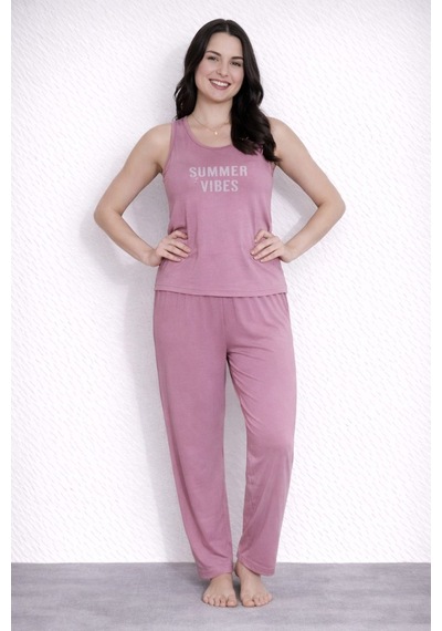 Pemilo Kadın 20604 Kolsuz % 100 Pamuk Pijama Takımı GÜL KURUSU
