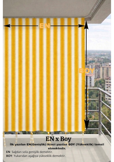 Sarı-beyaz Balkon Perdesi Kornişli Bağcıklı Su Geçirmez Dış Mekan Dayanıklı Modern Balkon Brandası