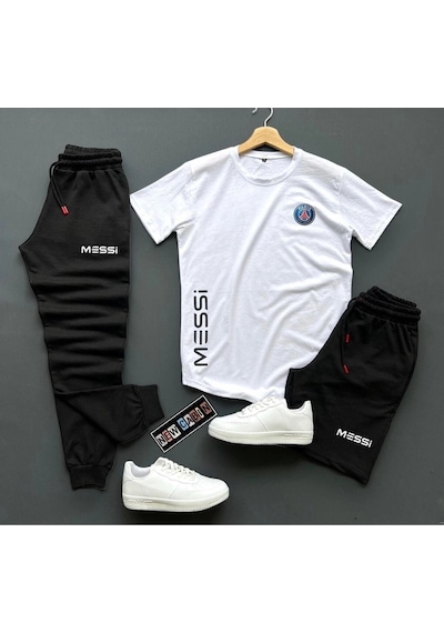 Adrift 3'lü Unisex Şort-eşofman Altı-tişört Slim Fit Messi Baskılı Takım Kombin Alt Üst Mes Beyaz
